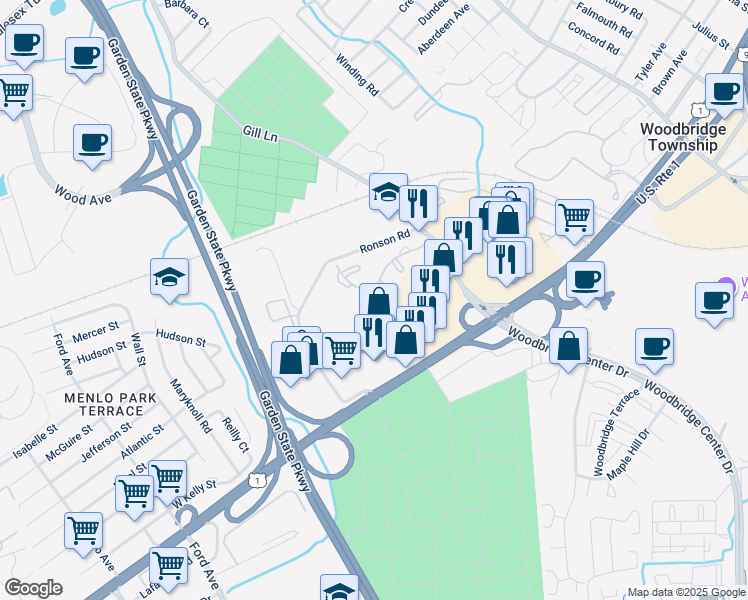 map of restaurants, bars, coffee shops, grocery stores, and more near 429 U.S. 1 in Woodbridge Township
