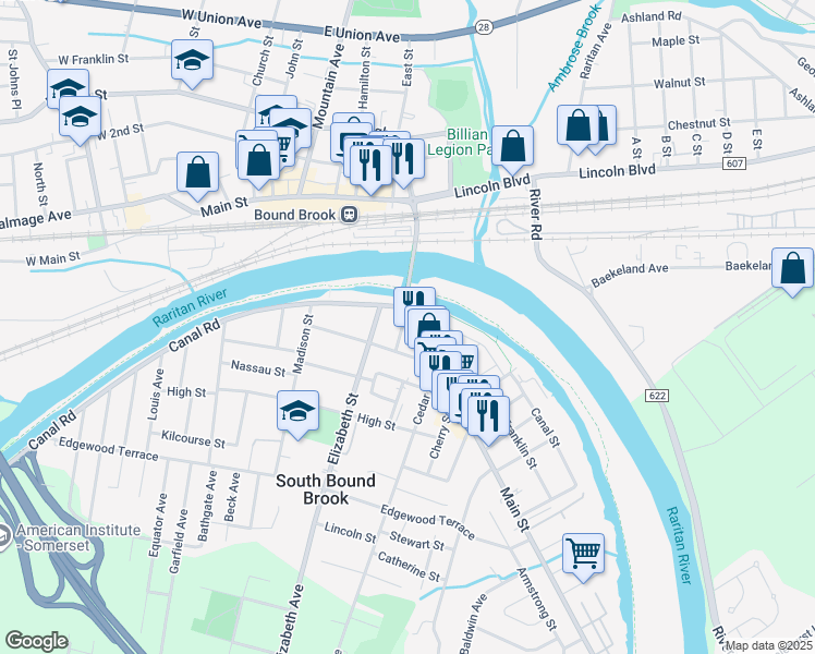 map of restaurants, bars, coffee shops, grocery stores, and more near 24 Main Street in South Bound Brook
