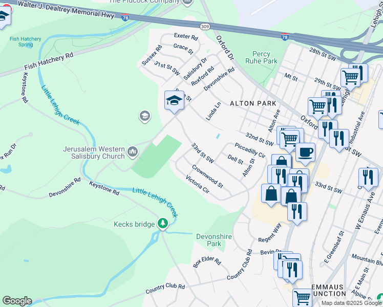 map of restaurants, bars, coffee shops, grocery stores, and more near 1664 Victoria Circle in Allentown