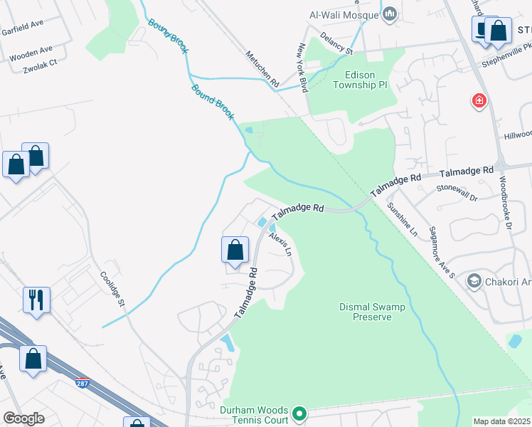 map of restaurants, bars, coffee shops, grocery stores, and more near 34 Alexis Lane in Edison