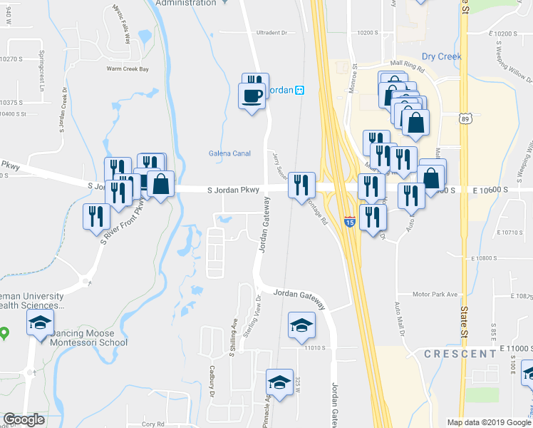 map of restaurants, bars, coffee shops, grocery stores, and more near 10668 South Jordan Gateway in South Jordan