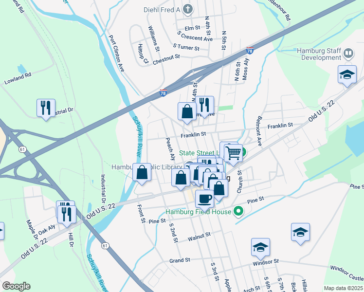 map of restaurants, bars, coffee shops, grocery stores, and more near 147 North 3rd Street in Hamburg