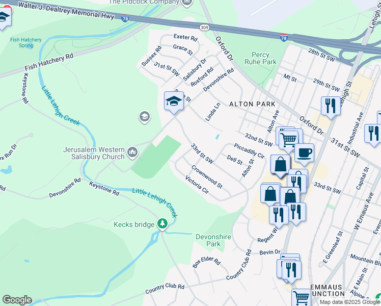map of restaurants, bars, coffee shops, grocery stores, and more near 1664 Victoria Circle in Allentown
