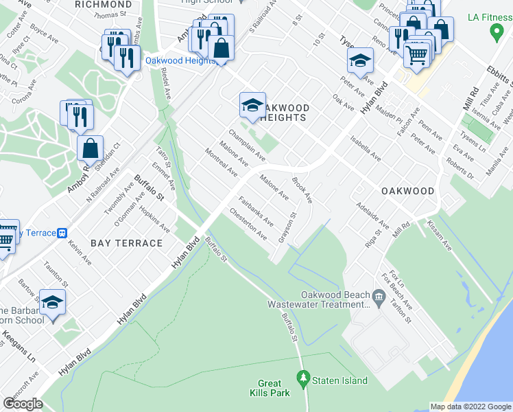 map of restaurants, bars, coffee shops, grocery stores, and more near 174 Malone Avenue in Staten Island