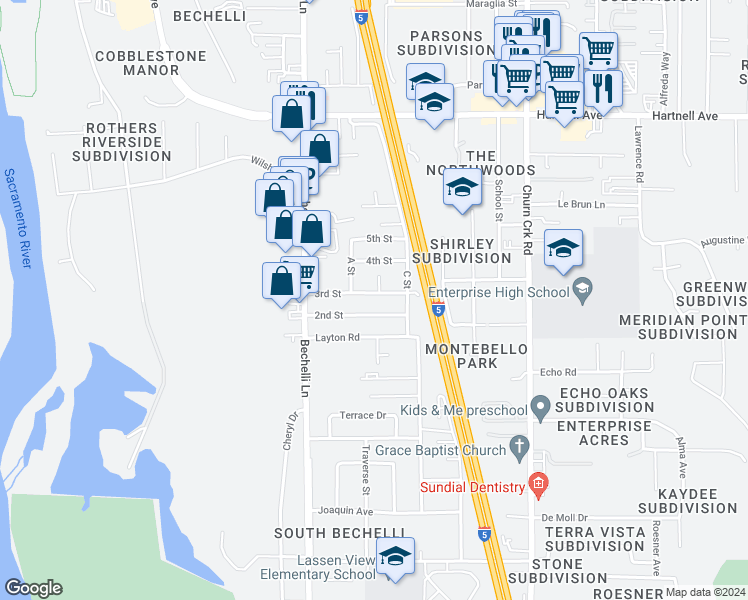 map of restaurants, bars, coffee shops, grocery stores, and more near 1108 3rd Street in Redding