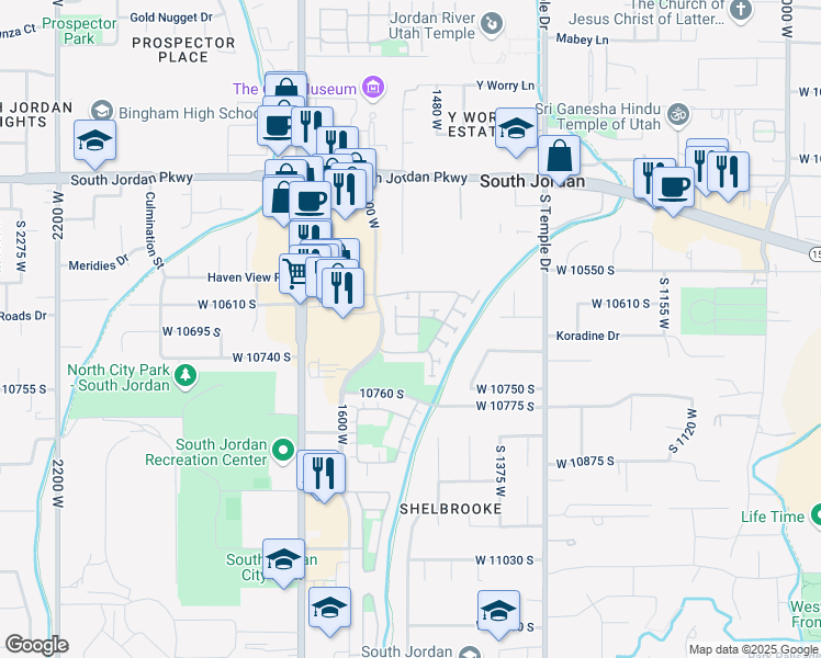 map of restaurants, bars, coffee shops, grocery stores, and more near 1524 Foliage Lane in South Jordan