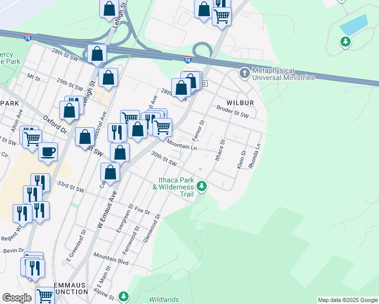 map of restaurants, bars, coffee shops, grocery stores, and more near 2901 Fernor Street in Allentown
