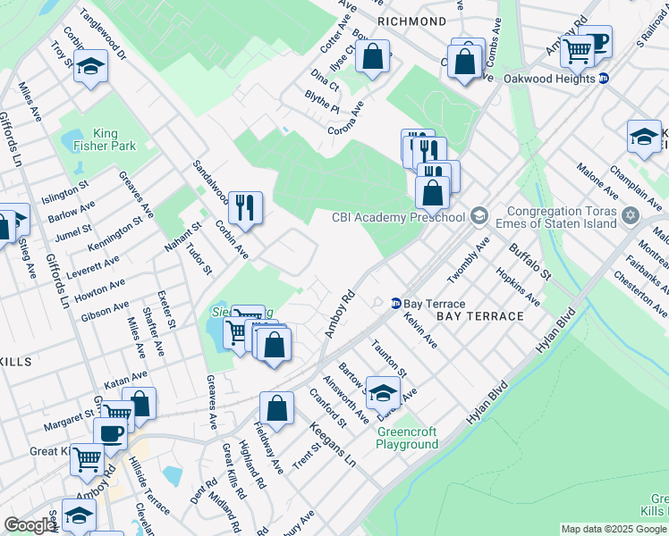 map of restaurants, bars, coffee shops, grocery stores, and more near 82 Evergreen Street in Staten Island
