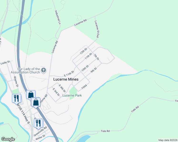 map of restaurants, bars, coffee shops, grocery stores, and more near 121 10th Street in Lucerne Mines