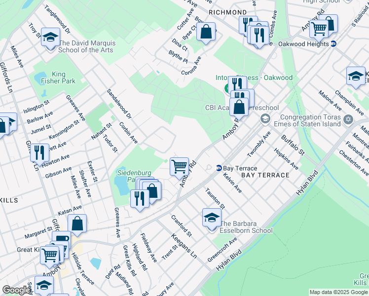 map of restaurants, bars, coffee shops, grocery stores, and more near 3465 Amboy Road in Staten Island