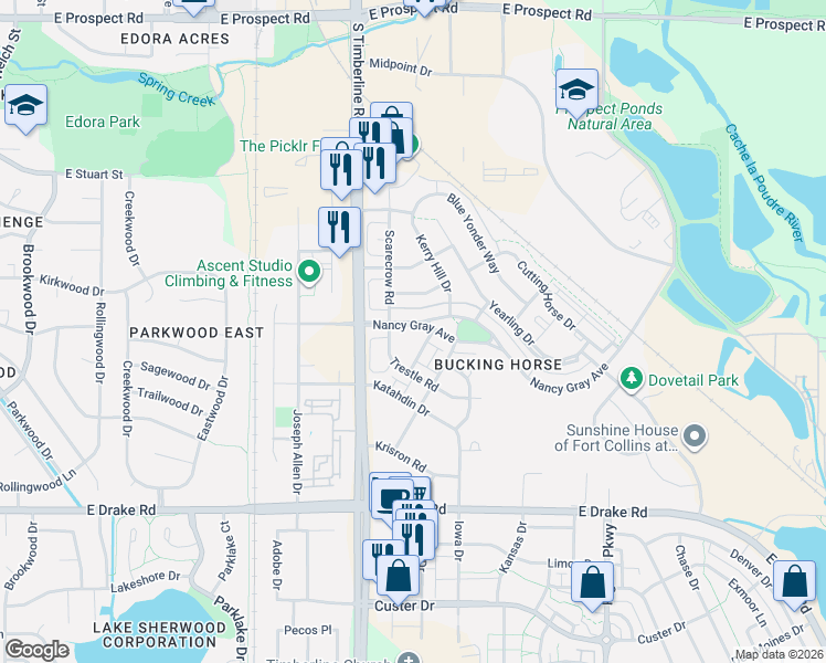 map of restaurants, bars, coffee shops, grocery stores, and more near 2127 Cocklebur Lane in Fort Collins