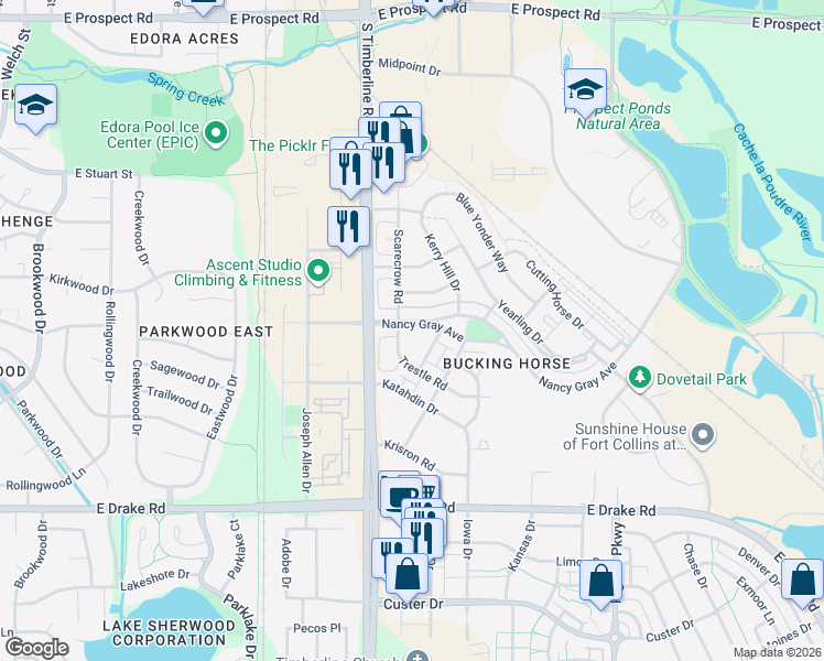 map of restaurants, bars, coffee shops, grocery stores, and more near 2127 Cocklebur Lane in Fort Collins