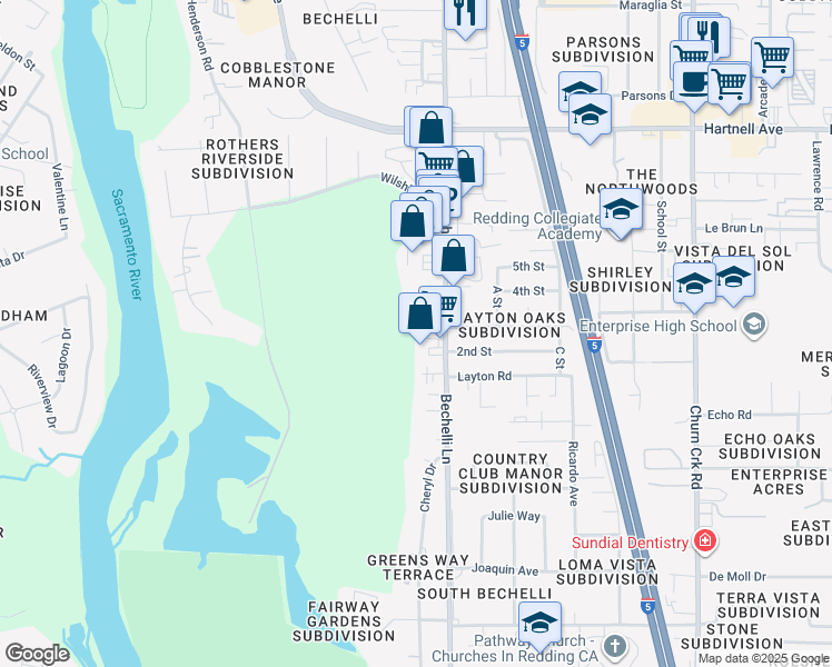 map of restaurants, bars, coffee shops, grocery stores, and more near 3344 Bechelli Lane in Redding