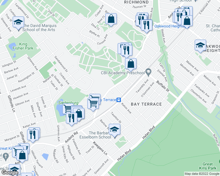 map of restaurants, bars, coffee shops, grocery stores, and more near 2 Justin Avenue in Staten Island