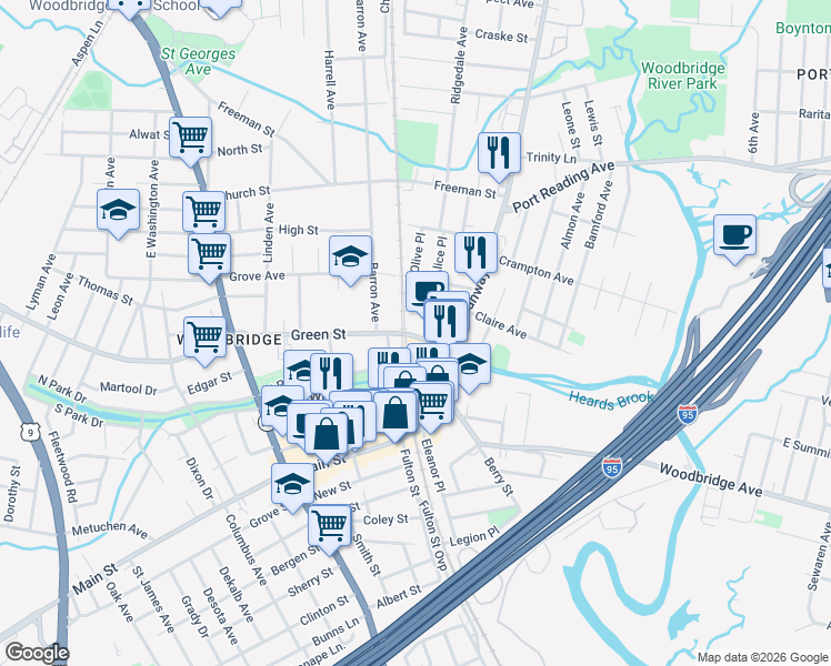 map of restaurants, bars, coffee shops, grocery stores, and more near 28 Nielson Street in Woodbridge Township