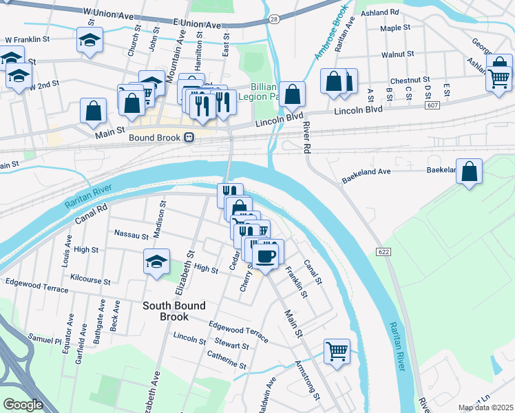 map of restaurants, bars, coffee shops, grocery stores, and more near 99 Swing Bridge Lane in South Bound Brook