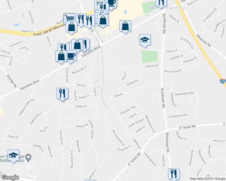 map of restaurants, bars, coffee shops, grocery stores, and more near 5410 Hanover Drive in Wescosville