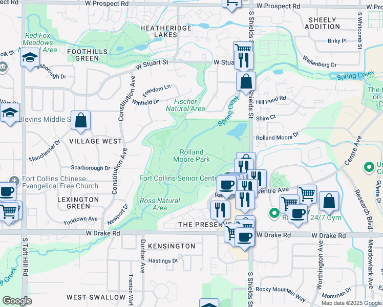 map of restaurants, bars, coffee shops, grocery stores, and more near 2201 South Shields Street in Fort Collins