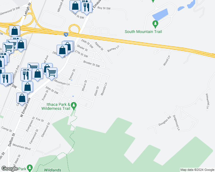 map of restaurants, bars, coffee shops, grocery stores, and more near 2838 Rhonda Lane in Allentown