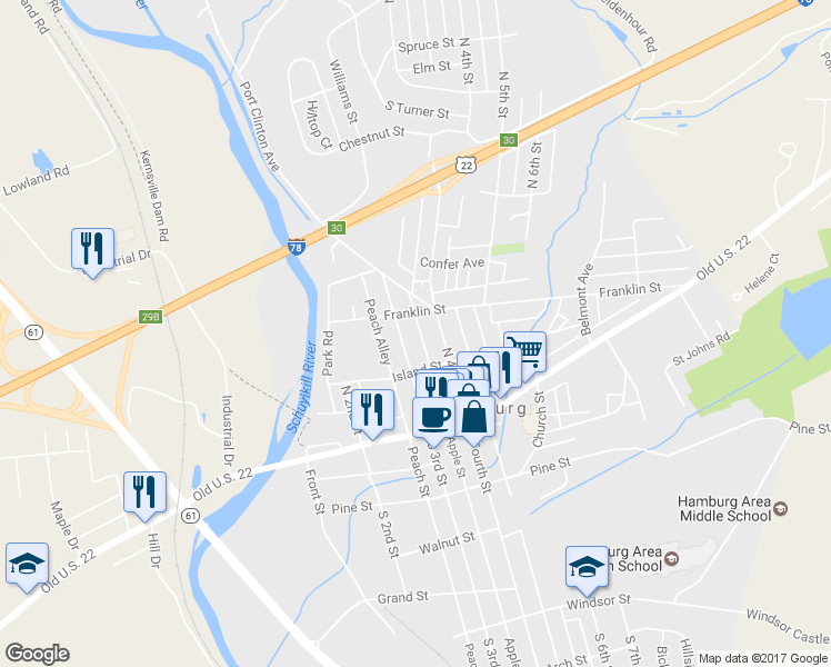 map of restaurants, bars, coffee shops, grocery stores, and more near 147 North 3rd Street in Hamburg
