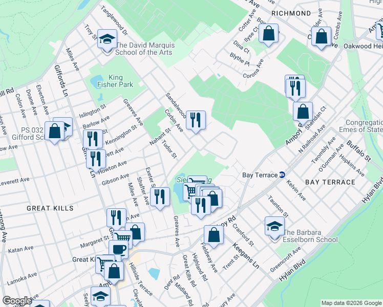 map of restaurants, bars, coffee shops, grocery stores, and more near 116 Corbin Avenue in Staten Island