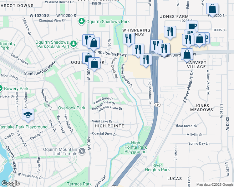 map of restaurants, bars, coffee shops, grocery stores, and more near 10767 Sienna Dune Drive in South Jordan