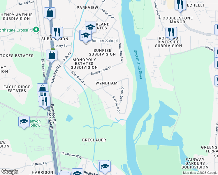 map of restaurants, bars, coffee shops, grocery stores, and more near 2864 Wyndham Lane in Redding