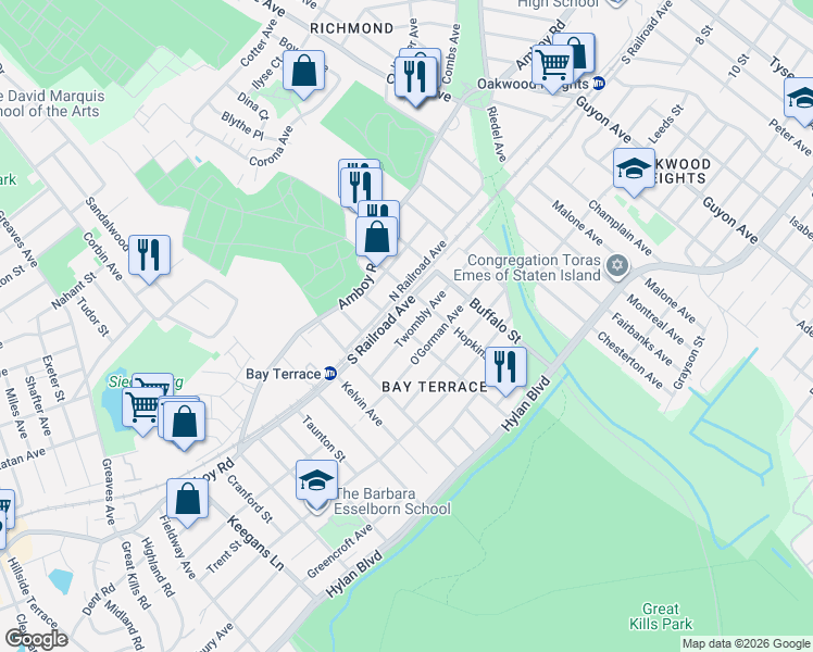 map of restaurants, bars, coffee shops, grocery stores, and more near 2147 North Railroad Avenue in Staten Island