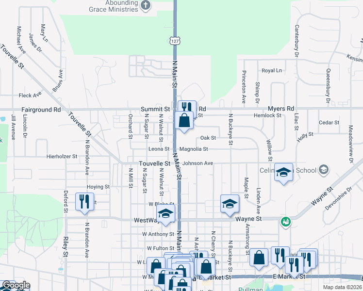 map of restaurants, bars, coffee shops, grocery stores, and more near 810 North Main Street in Celina