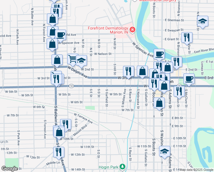 map of restaurants, bars, coffee shops, grocery stores, and more near 401 South Garfield Street in Marion