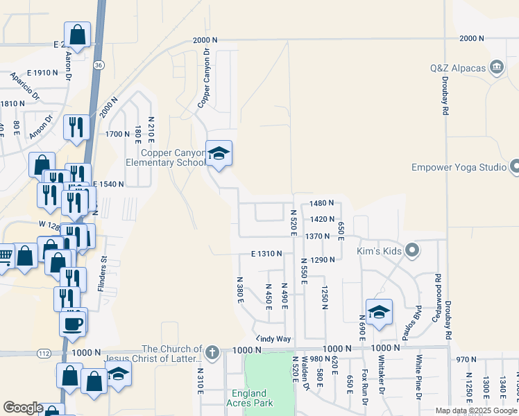map of restaurants, bars, coffee shops, grocery stores, and more near 438 East 1480 North in Tooele