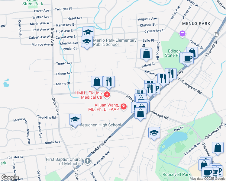 map of restaurants, bars, coffee shops, grocery stores, and more near 62 James Street in Edison