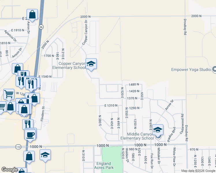 map of restaurants, bars, coffee shops, grocery stores, and more near 438 East 1480 North in Tooele