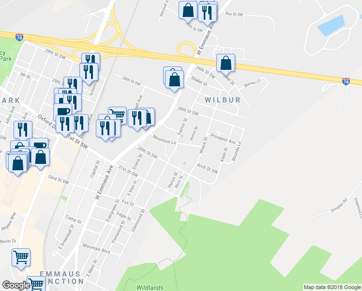 map of restaurants, bars, coffee shops, grocery stores, and more near 2522 Mountain Lane in Allentown