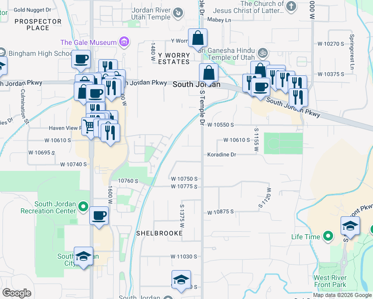 map of restaurants, bars, coffee shops, grocery stores, and more near 10597 South Carriage Star Circle in South Jordan