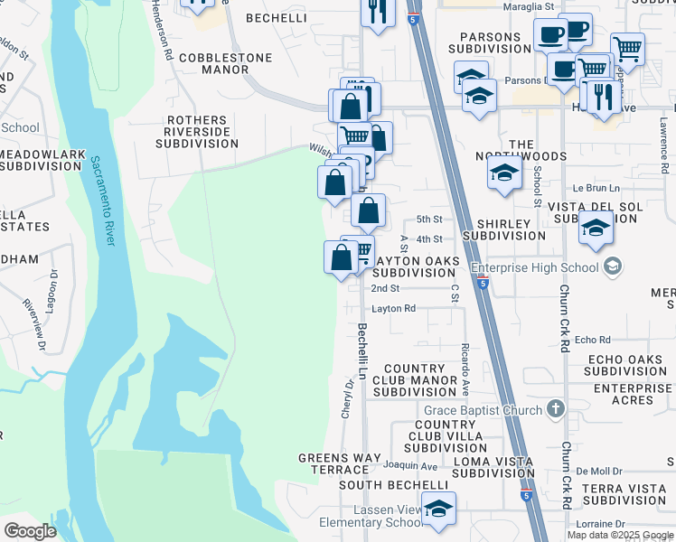 map of restaurants, bars, coffee shops, grocery stores, and more near 3344 Bechelli Lane in Redding
