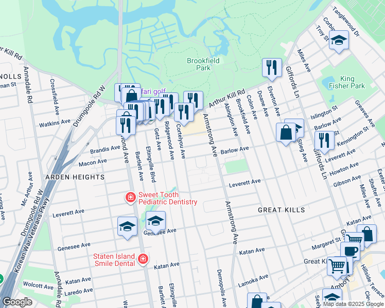 map of restaurants, bars, coffee shops, grocery stores, and more near 92 East Macon Avenue in Staten Island