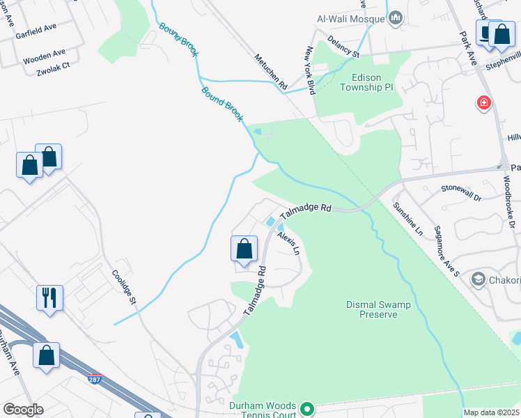 map of restaurants, bars, coffee shops, grocery stores, and more near 253 Prestwick Way in Edison