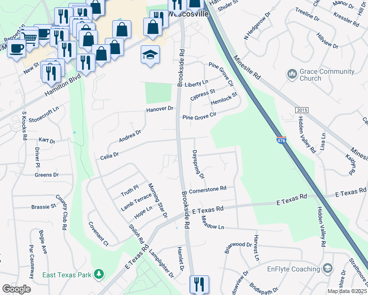 map of restaurants, bars, coffee shops, grocery stores, and more near 1325 North Brookside Road in Allentown