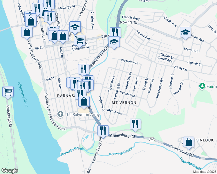 map of restaurants, bars, coffee shops, grocery stores, and more near 418 Argonne Drive in New Kensington