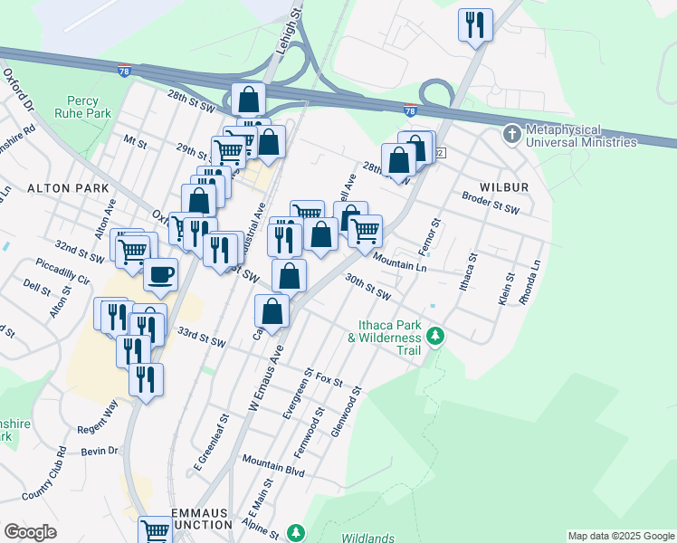 map of restaurants, bars, coffee shops, grocery stores, and more near 2998 West Emmaus Avenue in Allentown
