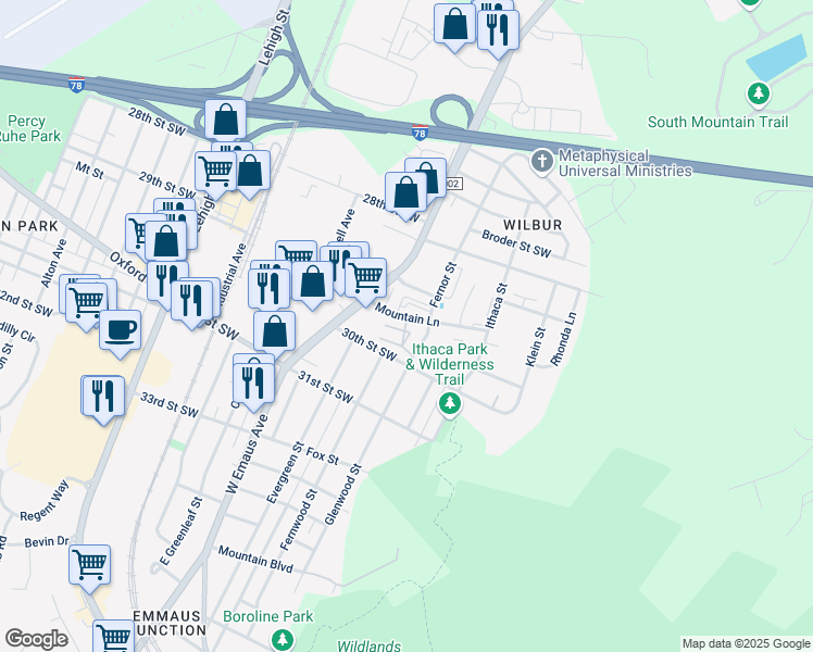 map of restaurants, bars, coffee shops, grocery stores, and more near 2498 Mountain Lane in Allentown