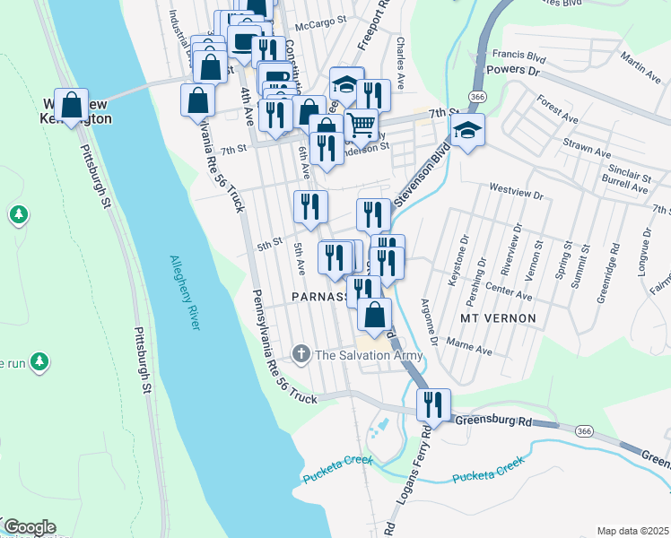 map of restaurants, bars, coffee shops, grocery stores, and more near 431 Freeport Street in New Kensington