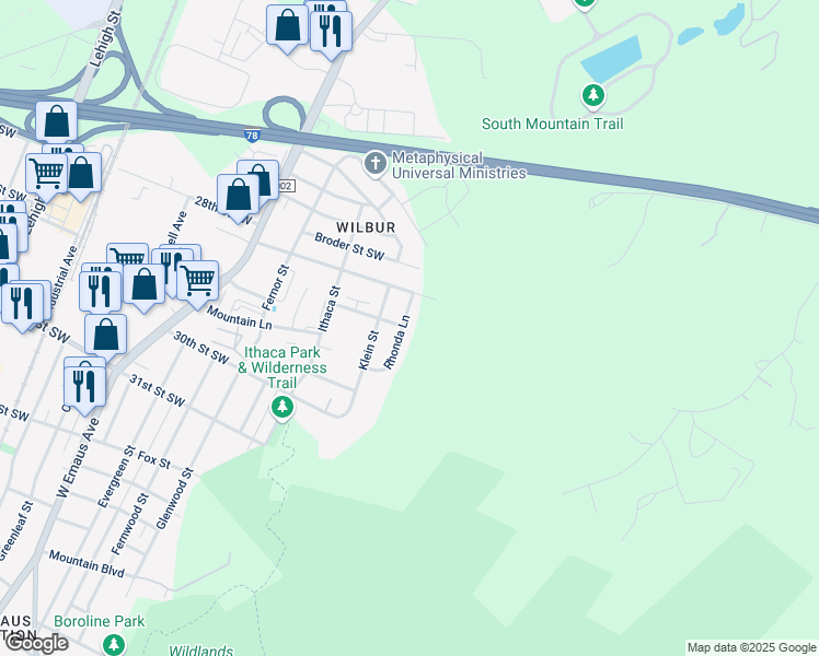 map of restaurants, bars, coffee shops, grocery stores, and more near 2834 Rhonda Lane in Allentown