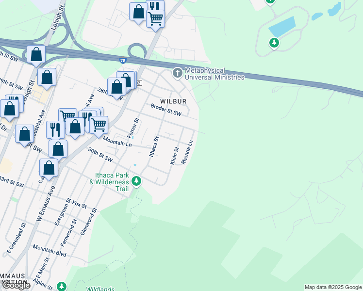 map of restaurants, bars, coffee shops, grocery stores, and more near 2822 Klein Street in Allentown