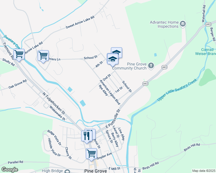 map of restaurants, bars, coffee shops, grocery stores, and more near 115 American Legion Boulevard in Pine Grove