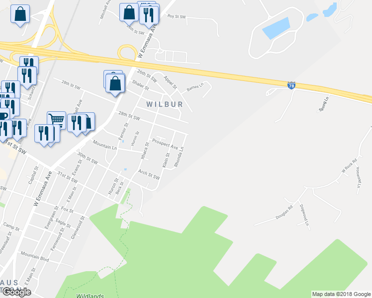 map of restaurants, bars, coffee shops, grocery stores, and more near 2832 Rhonda Lane in Allentown
