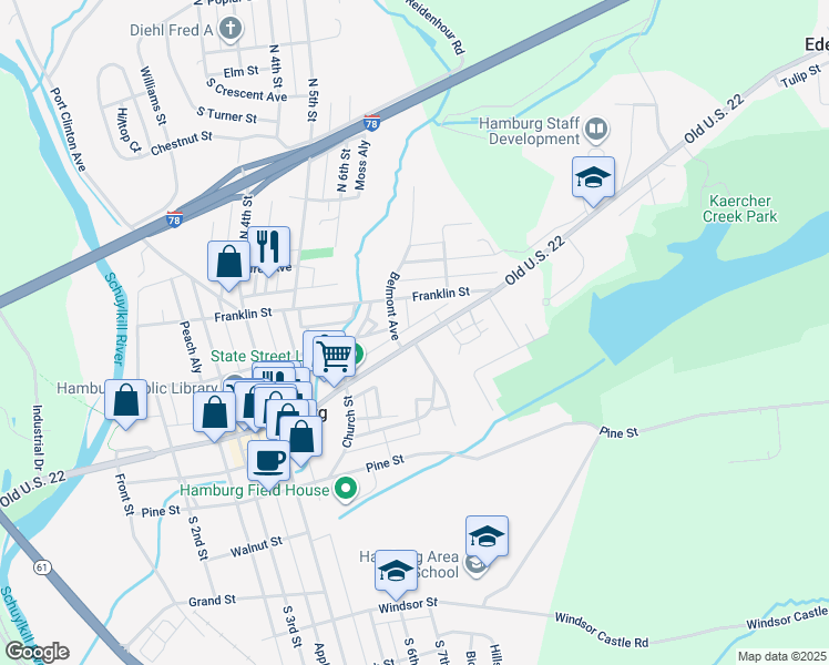 map of restaurants, bars, coffee shops, grocery stores, and more near 717 State Street in Hamburg