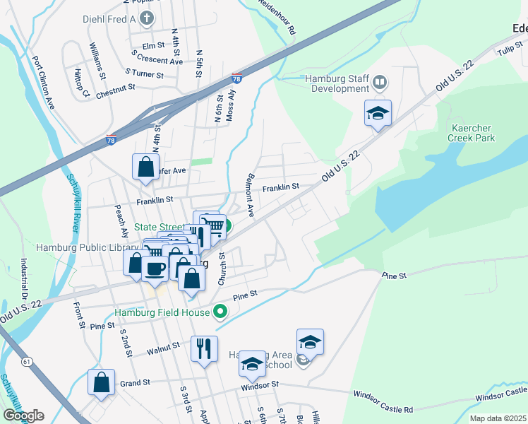 map of restaurants, bars, coffee shops, grocery stores, and more near 717 State Street in Hamburg
