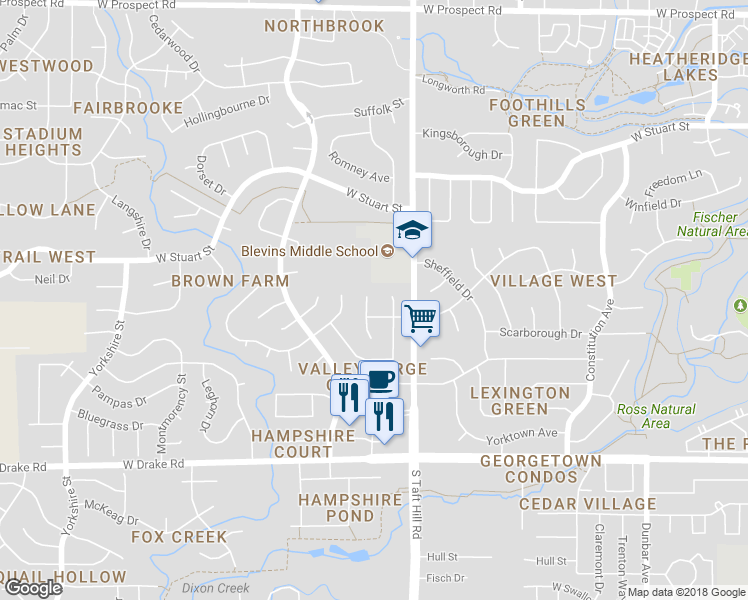map of restaurants, bars, coffee shops, grocery stores, and more near 2200 Berkshire Drive in Fort Collins